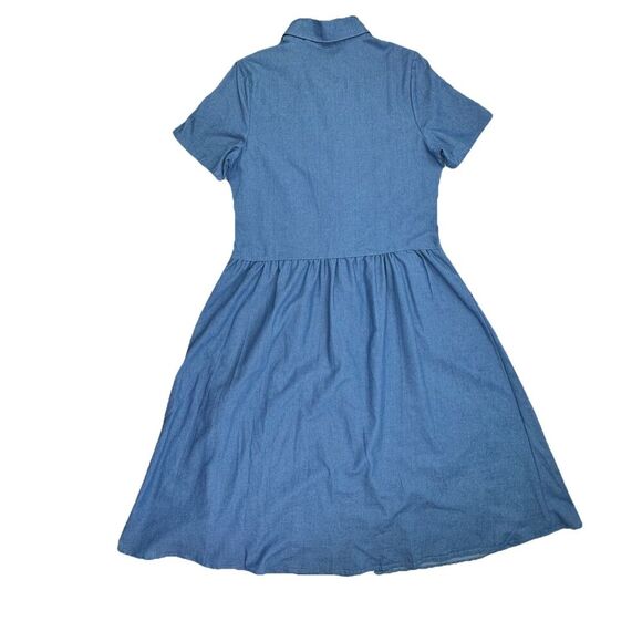 Hekka Blue Chambray Shirt Dress Size Large Printed Pleated Boho Button Down - Picture 4 of 8